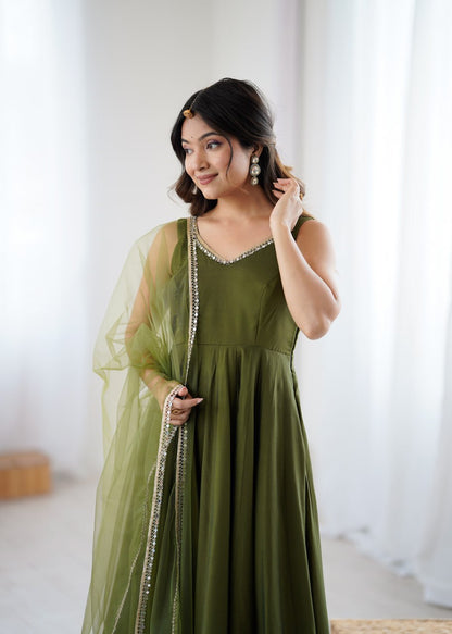 Mahendi Roman Silk Chanderi Anarkali Suit with Mirror-Lace Net Dupatta