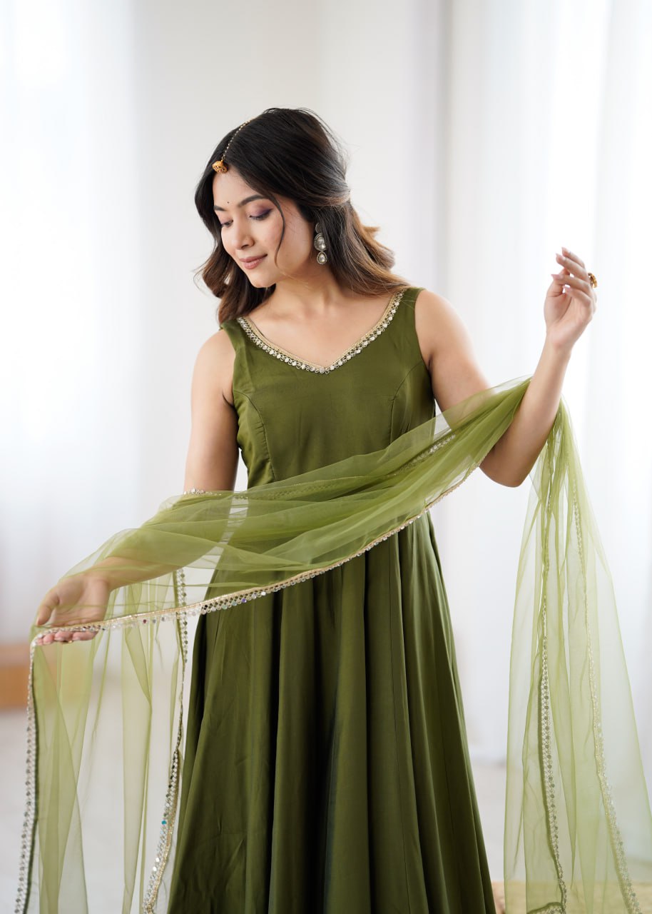Mahendi Roman Silk Chanderi Anarkali Suit with Mirror-Lace Net Dupatta