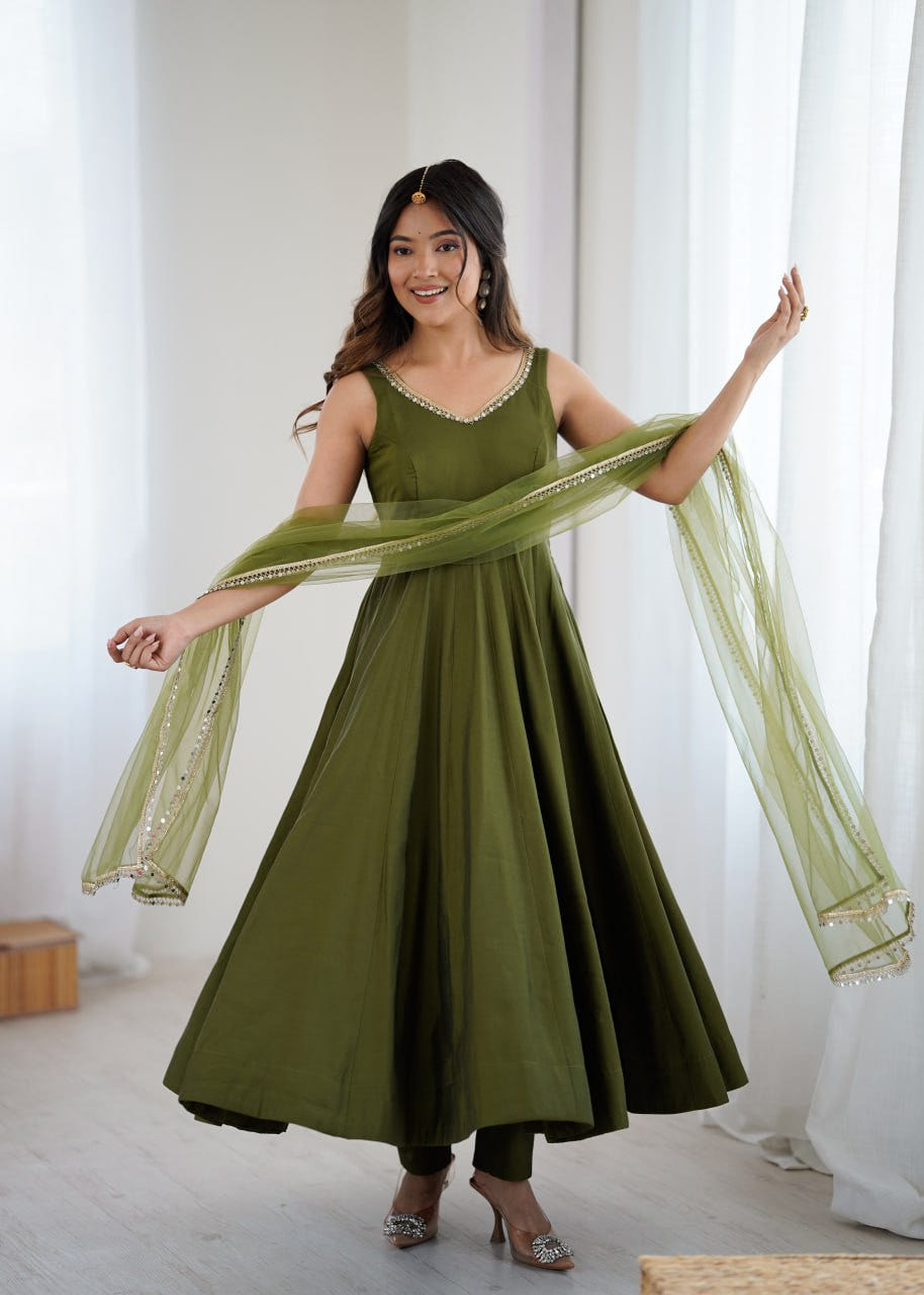 Mahendi Roman Silk Chanderi Anarkali Suit with Mirror-Lace Net Dupatta