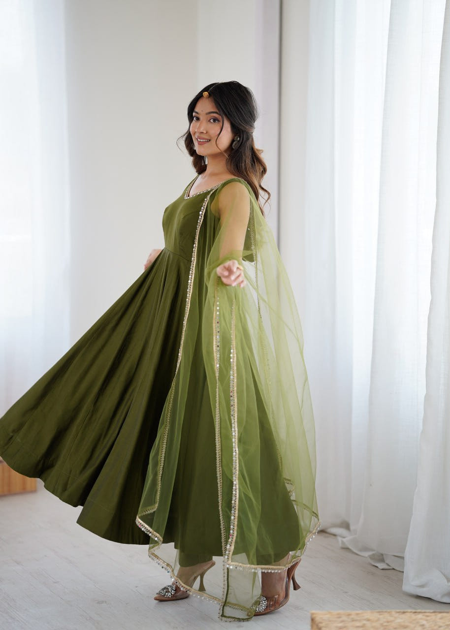 Mahendi Roman Silk Chanderi Anarkali Suit with Mirror-Lace Net Dupatta