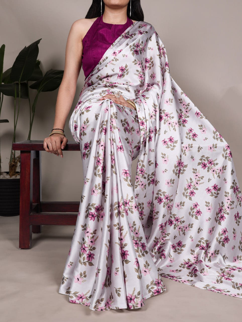Maroon Satin Silk Printed Saree with Fabric Elegant Banglory Blouse
