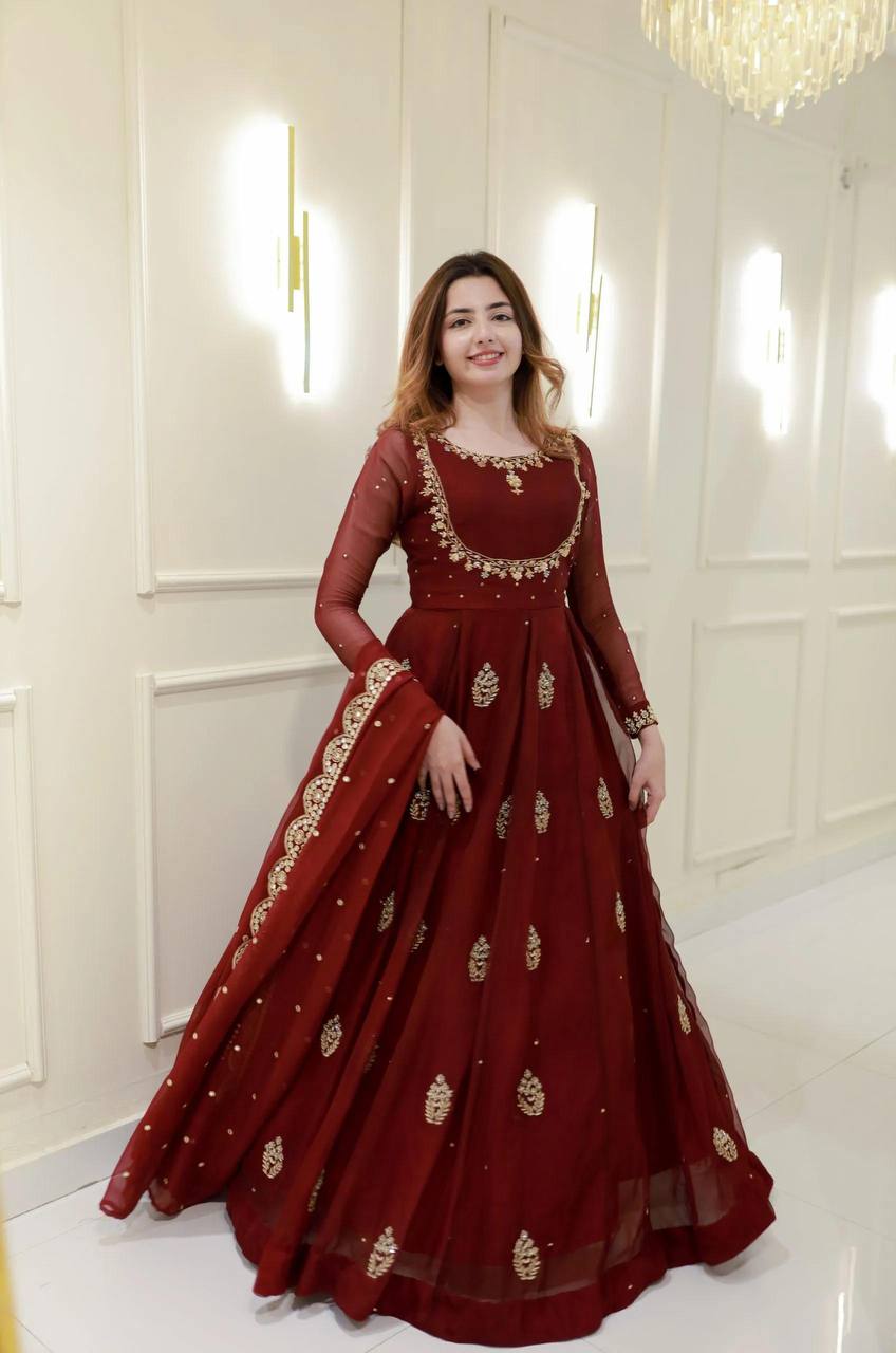 Maroon Georgette Sequence Embroidery Work Gown with Matching Dupatta