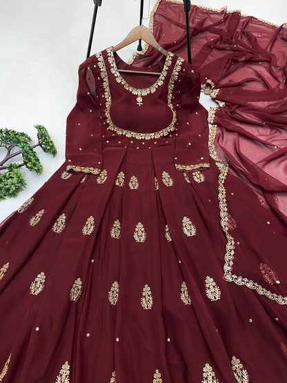 Maroon Georgette Sequence Embroidery Work Gown with Matching Dupatta