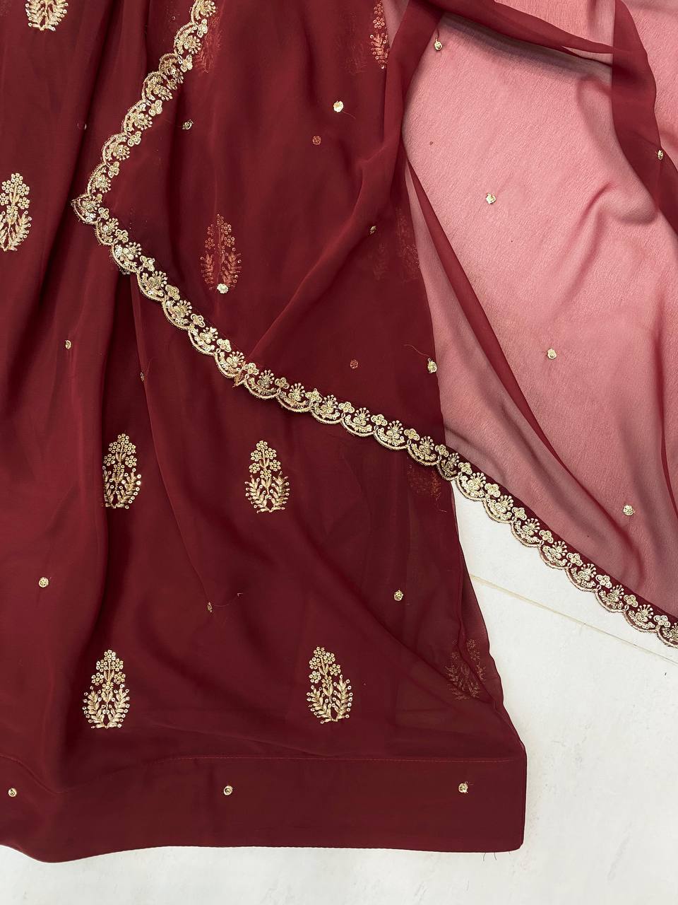 Maroon Georgette Sequence Embroidery Work Gown with Matching Dupatta