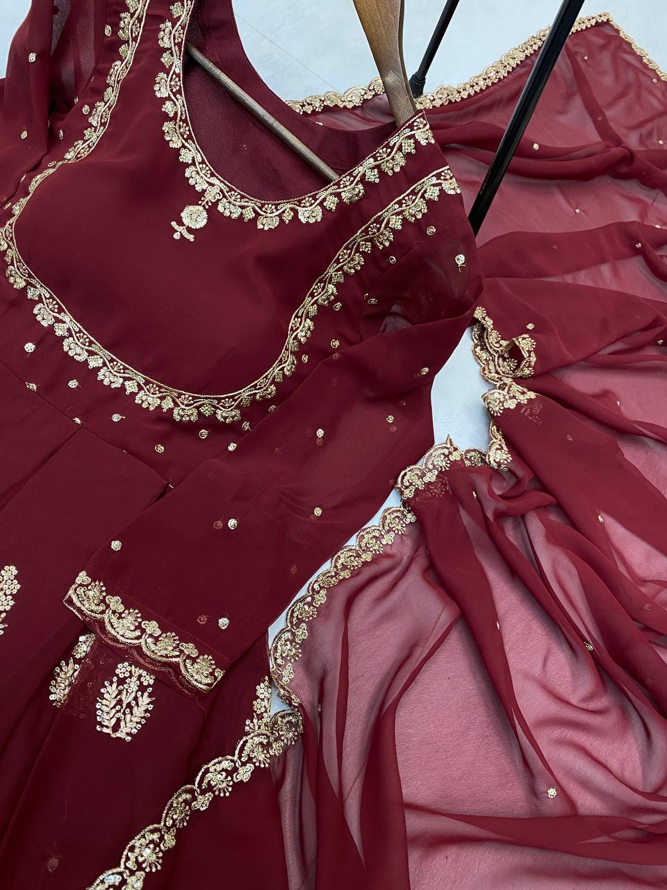 Maroon Georgette Sequence Embroidery Work Gown with Matching Dupatta