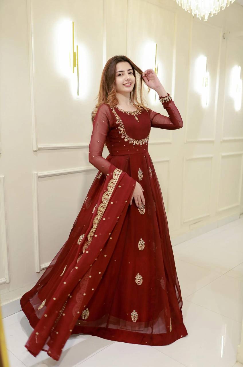 Maroon Georgette Sequence Embroidery Work Gown with Matching Dupatta
