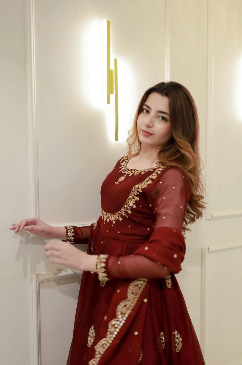 Maroon Georgette Sequence Embroidery Work Gown with Matching Dupatta
