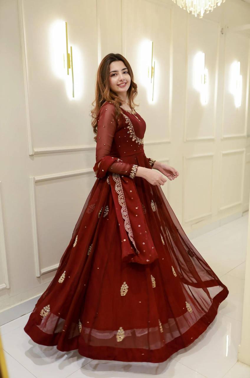 Maroon Georgette Sequence Embroidery Work Gown with Matching Dupatta