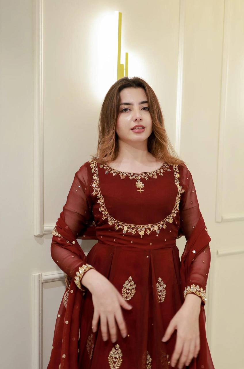 Maroon Georgette Sequence Embroidery Work Gown with Matching Dupatta