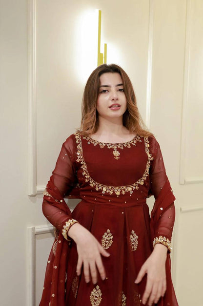 Maroon Georgette Sequence Embroidery Work Gown with Matching Dupatta