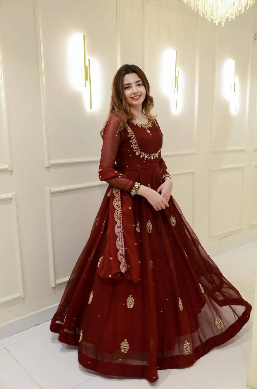 Maroon Georgette Sequence Embroidery Work Gown with Matching Dupatta