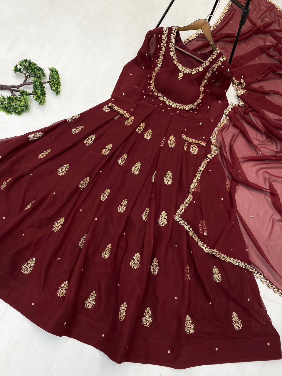 Maroon Georgette Sequence Embroidery Work Gown with Matching Dupatta