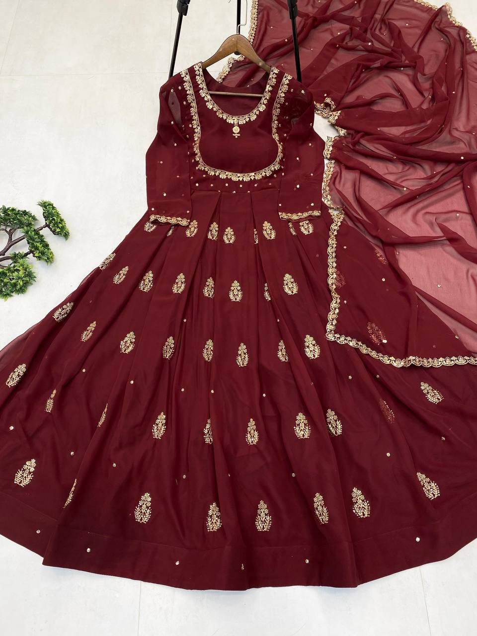 Maroon Georgette Sequence Embroidery Work Gown with Matching Dupatta