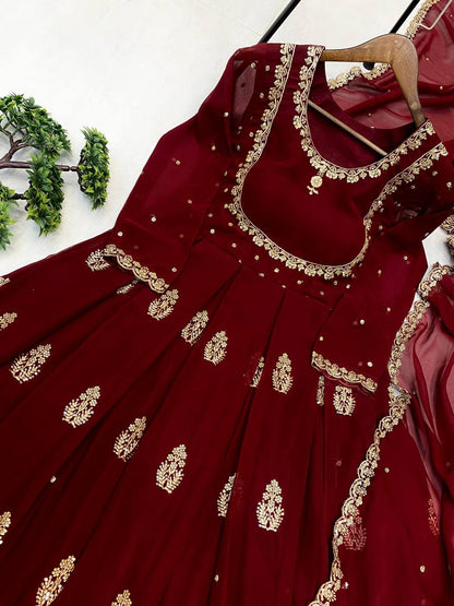 Maroon Georgette Sequence Embroidery Work Gown with Matching Dupatta