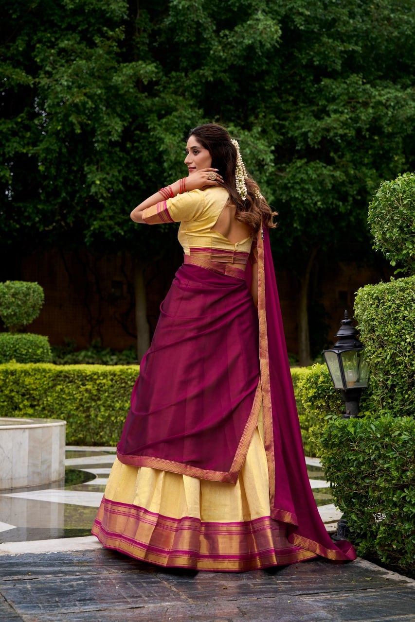 Maroon Kanchipuram Zari Weaving Half Saree Lehenga Choli with Dupatta