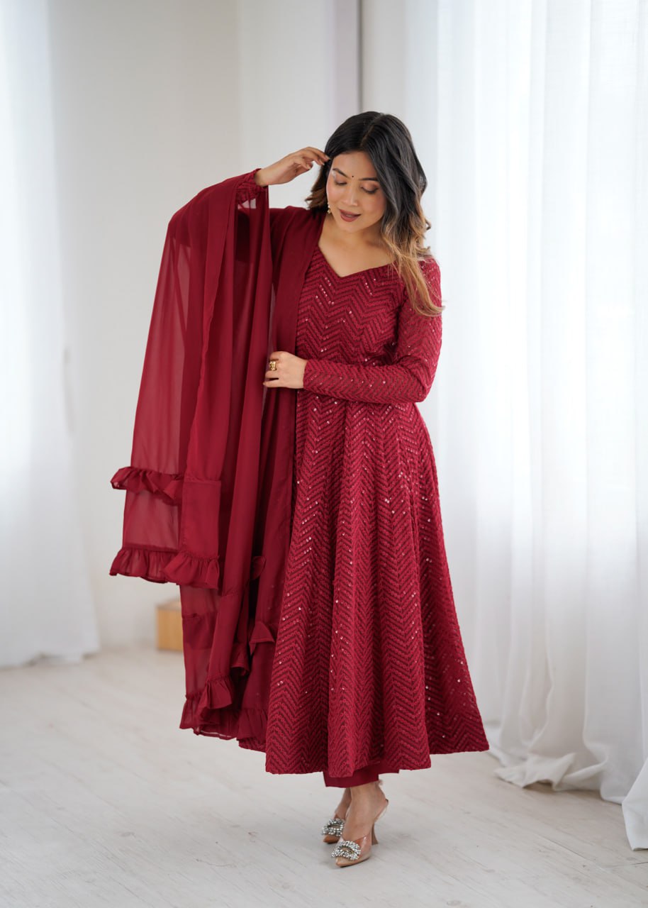  MAROON Premium Lucknowi Fox Georgette Anarkali Suit Set with Dupatta