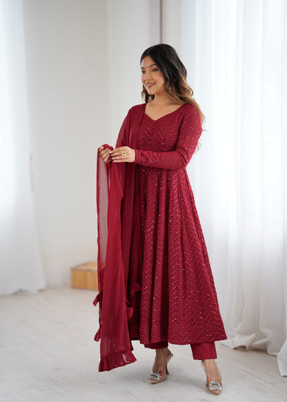  MAROON Premium Lucknowi Fox Georgette Anarkali Suit Set with Dupatta