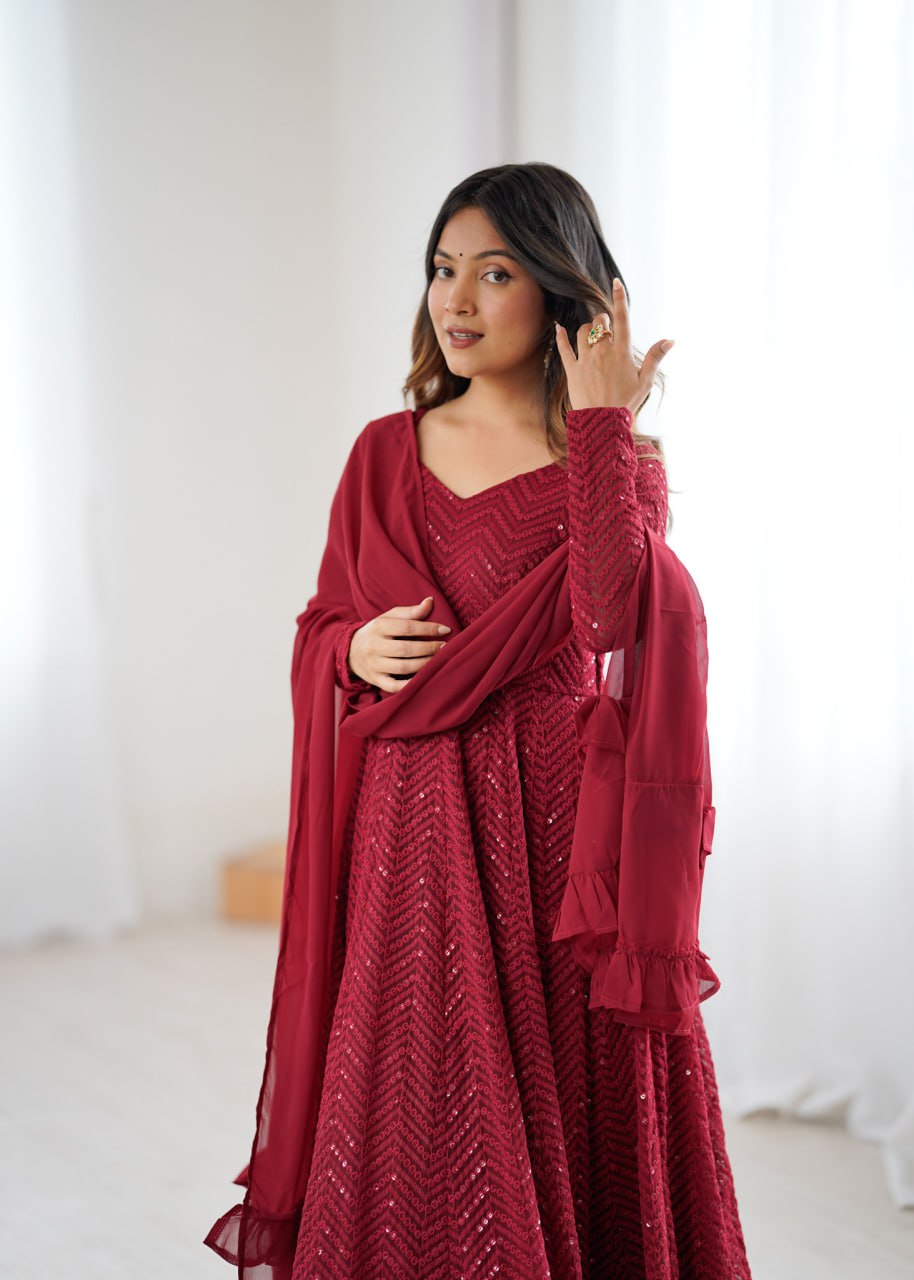  MAROON Premium Lucknowi Fox Georgette Anarkali Suit Set with Dupatta