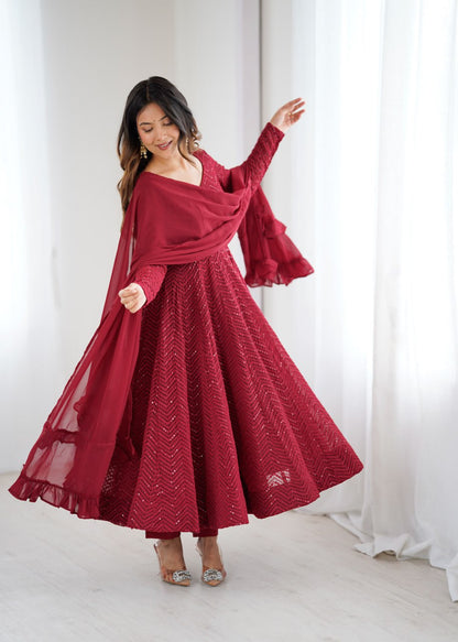 Maroon Premium Lucknowi Fox Georgette Anarkali Suit Set with Dupatta