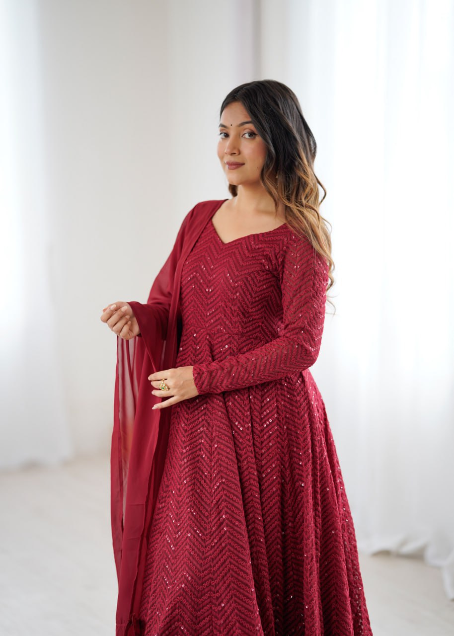  MAROON Premium Lucknowi Fox Georgette Anarkali Suit Set with Dupatta