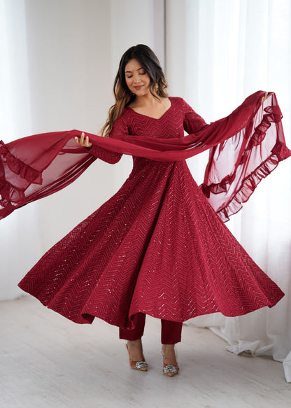  MAROON Premium Lucknowi Fox Georgette Anarkali Suit Set with Dupatta