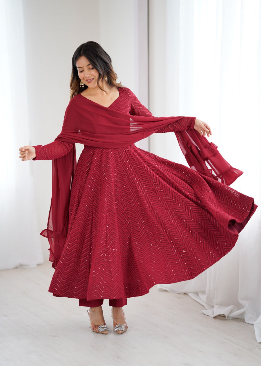  MAROON Premium Lucknowi Fox Georgette Anarkali Suit Set with Dupatta