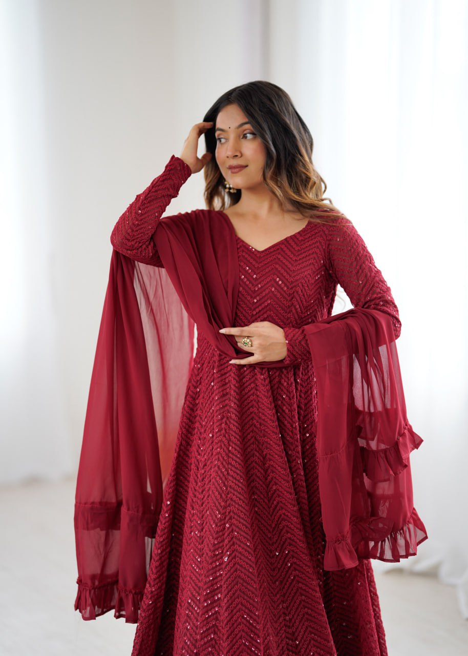  MAROON Premium Lucknowi Fox Georgette Anarkali Suit Set with Dupatta