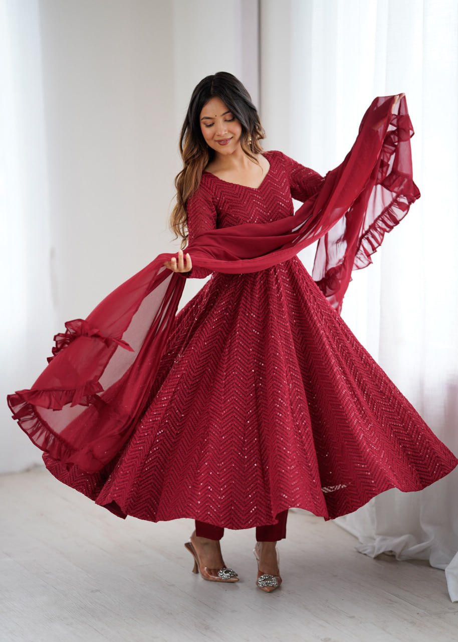  MAROON Premium Lucknowi Fox Georgette Anarkali Suit Set with Dupatta