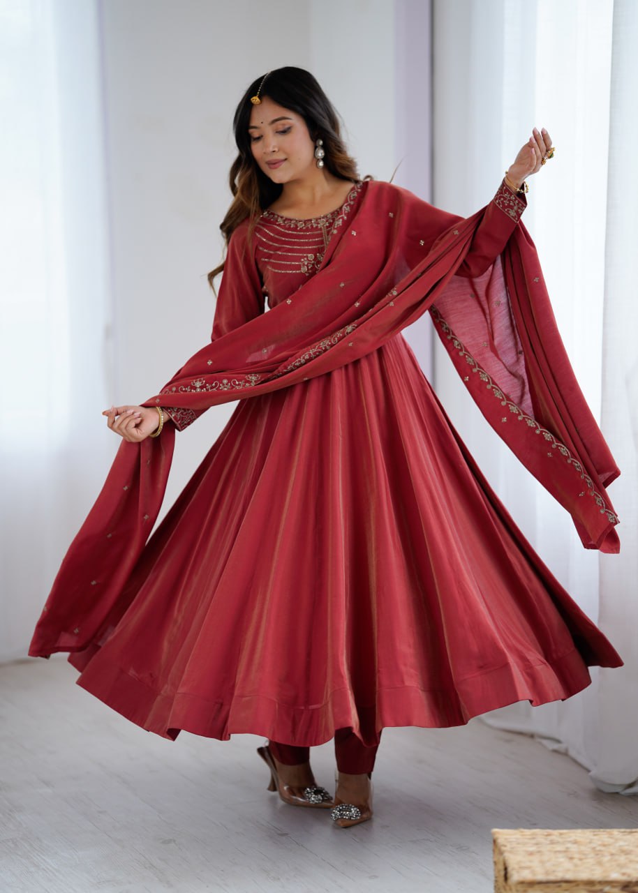 MAROON Premium Roman Shimmer Chanderi Silk Anarkali Suit Dupatta