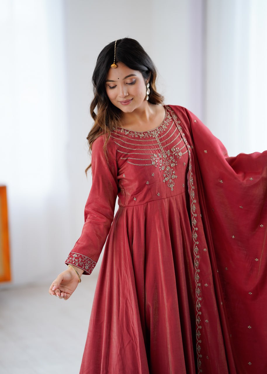 MAROON Premium Roman Shimmer Chanderi Silk Anarkali Suit Dupatta