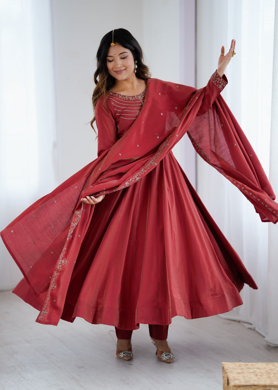MAROON Premium Roman Shimmer Chanderi Silk Anarkali Suit Dupatta