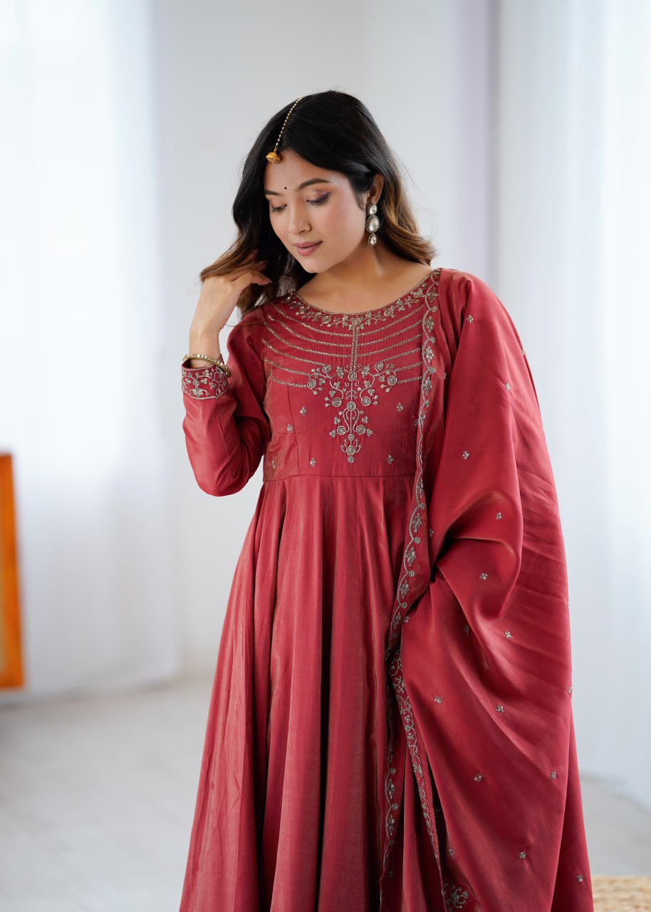 MAROON Premium Roman Shimmer Chanderi Silk Anarkali Suit Dupatta