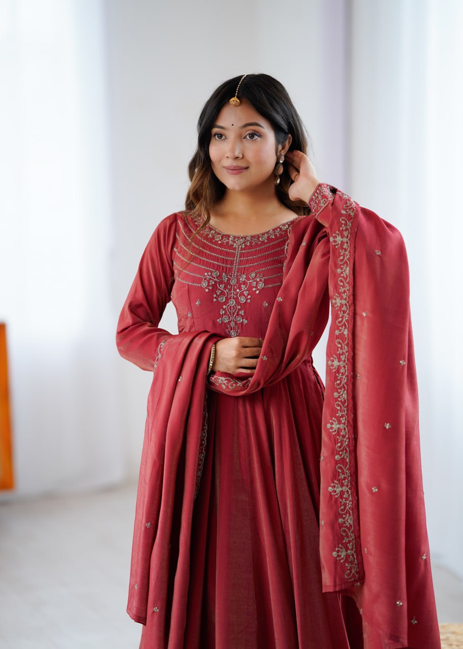 MAROON Premium Roman Shimmer Chanderi Silk Anarkali Suit Dupatta