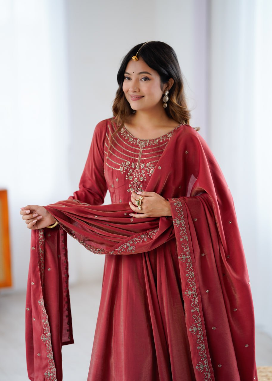 MAROON Premium Roman Shimmer Chanderi Silk Anarkali Suit Dupatta