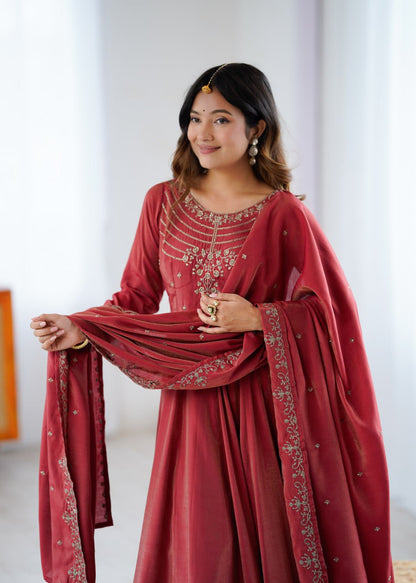 MAROON Premium Roman Shimmer Chanderi Silk Anarkali Suit Dupatta