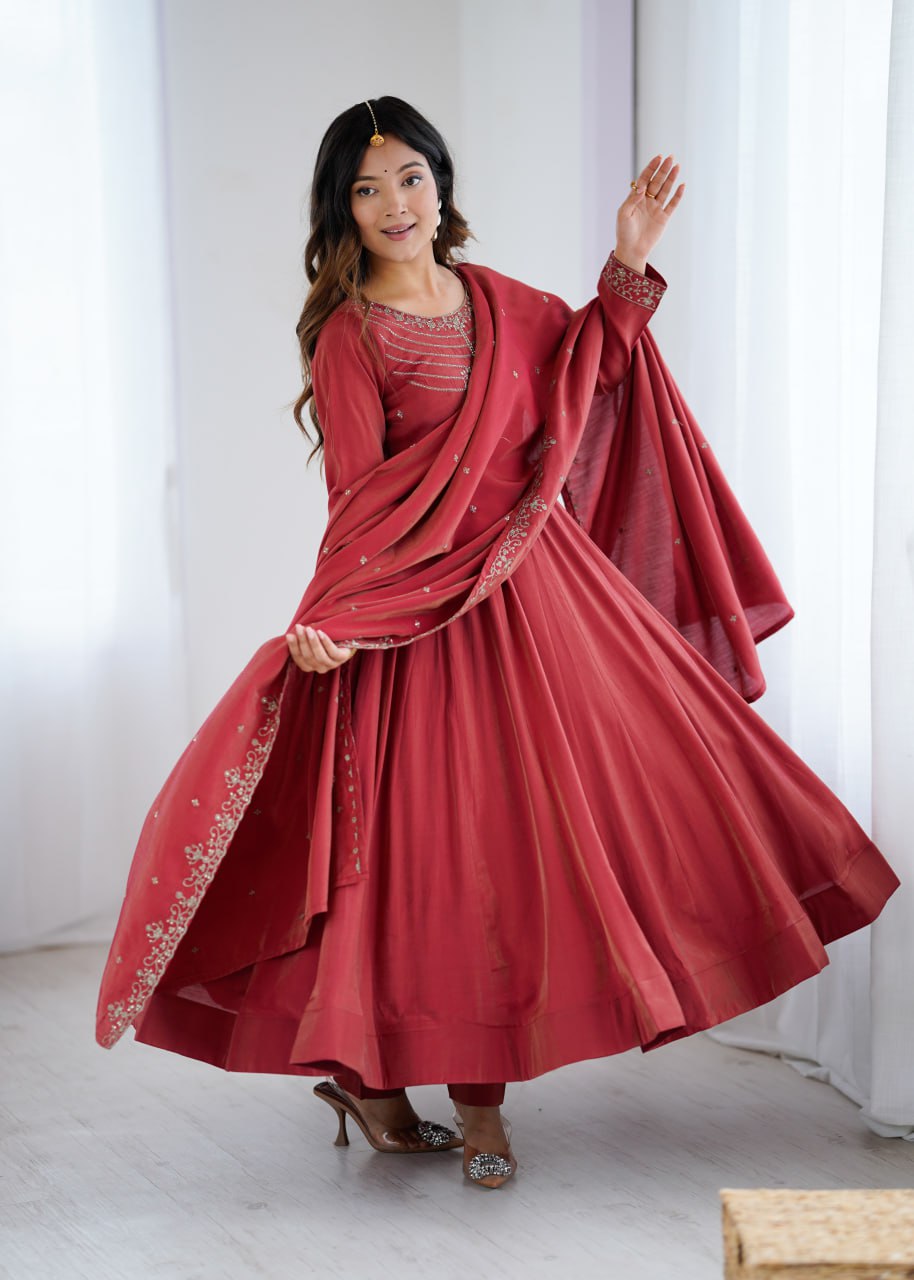 MAROON Premium Roman Shimmer Chanderi Silk Anarkali Suit Dupatta