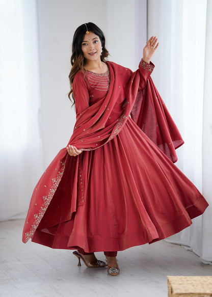 MAROON Premium Roman Shimmer Chanderi Silk Anarkali Suit Dupatta