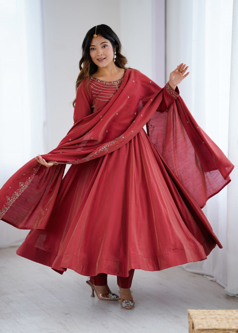 MAROON Premium Roman Shimmer Chanderi Silk Anarkali Suit Dupatta
