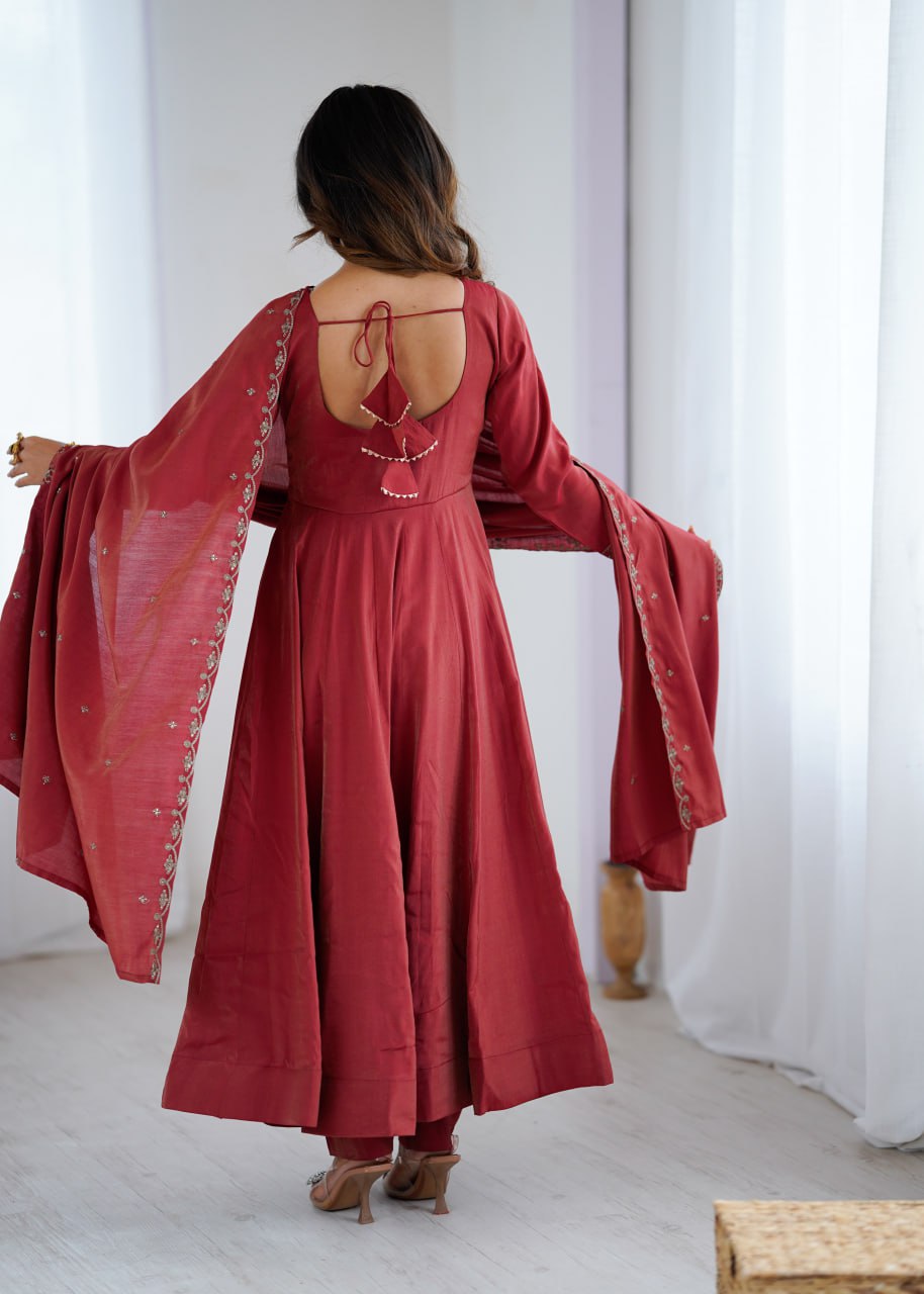 MAROON Premium Roman Shimmer Chanderi Silk Anarkali Suit Dupatta