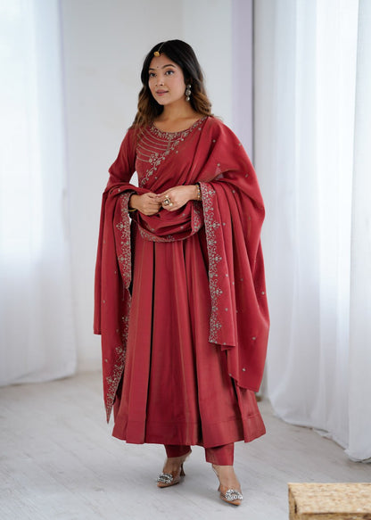 MAROON Premium Roman Shimmer Chanderi Silk Anarkali Suit Dupatta