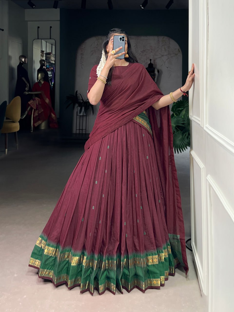 Maroon Pure Chanderi Zari Weaving Saree Lehenga Choli Set with Dupatta