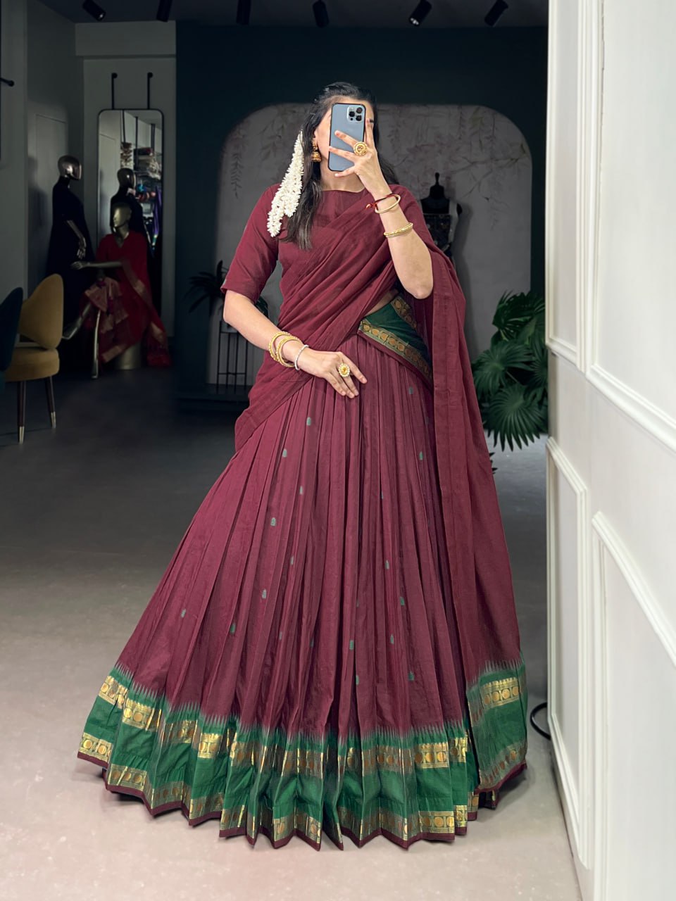 Maroon Pure Chanderi Zari Weaving Saree Lehenga Choli Set with Dupatta