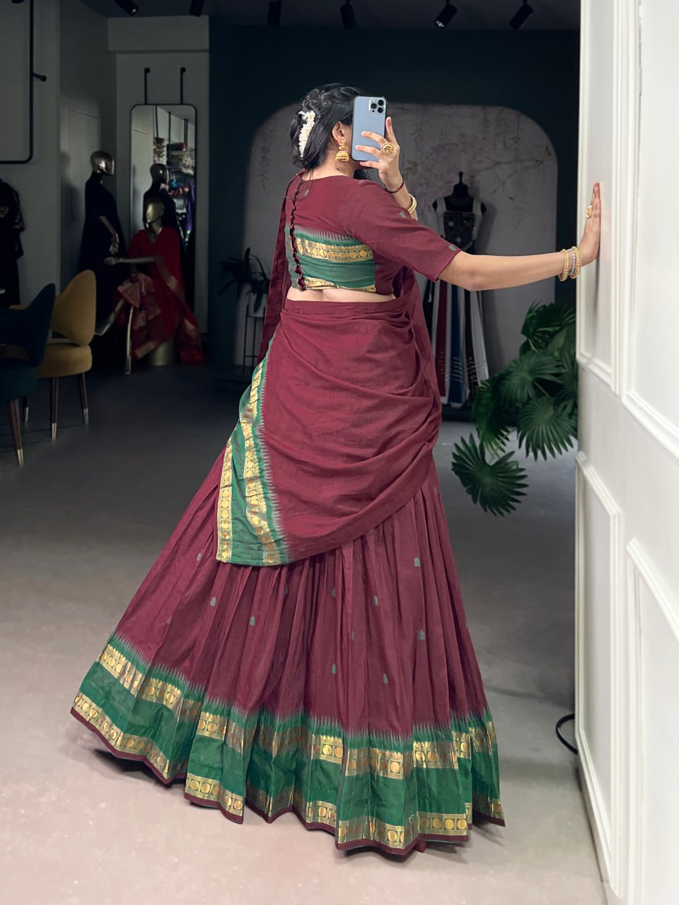 Maroon Pure Chanderi Zari Weaving Saree Lehenga Choli Set with Dupatta