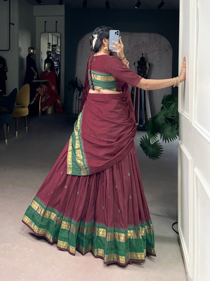 Maroon Pure Chanderi Zari Weaving Saree Lehenga Choli Set with Dupatta
