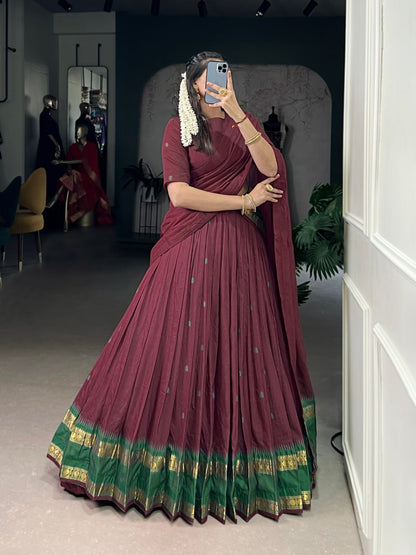 Maroon Pure Chanderi Zari Weaving Saree Lehenga Choli Set with Dupatta