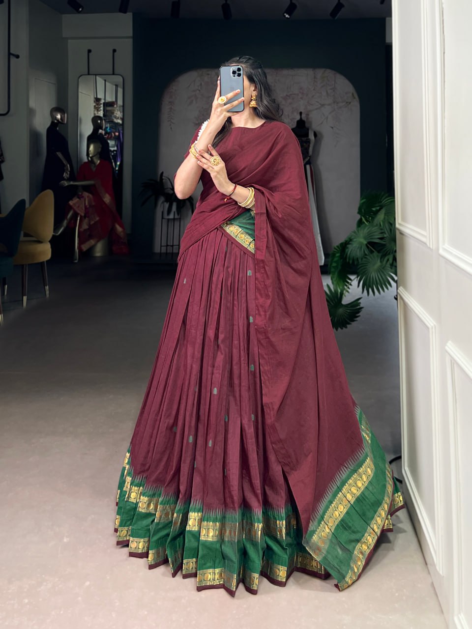 Maroon Pure Chanderi Zari Weaving Saree Lehenga Choli Set with Dupatta