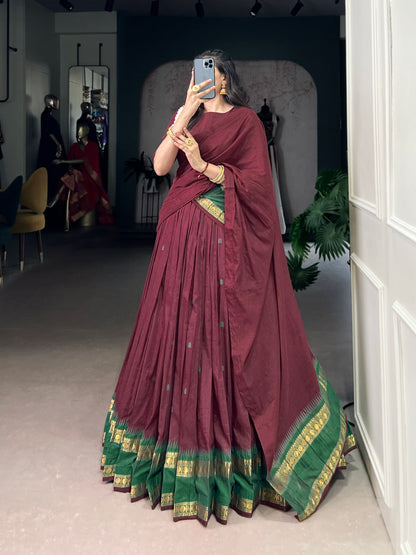 Maroon Pure Chanderi Zari Weaving Saree Lehenga Choli Set with Dupatta