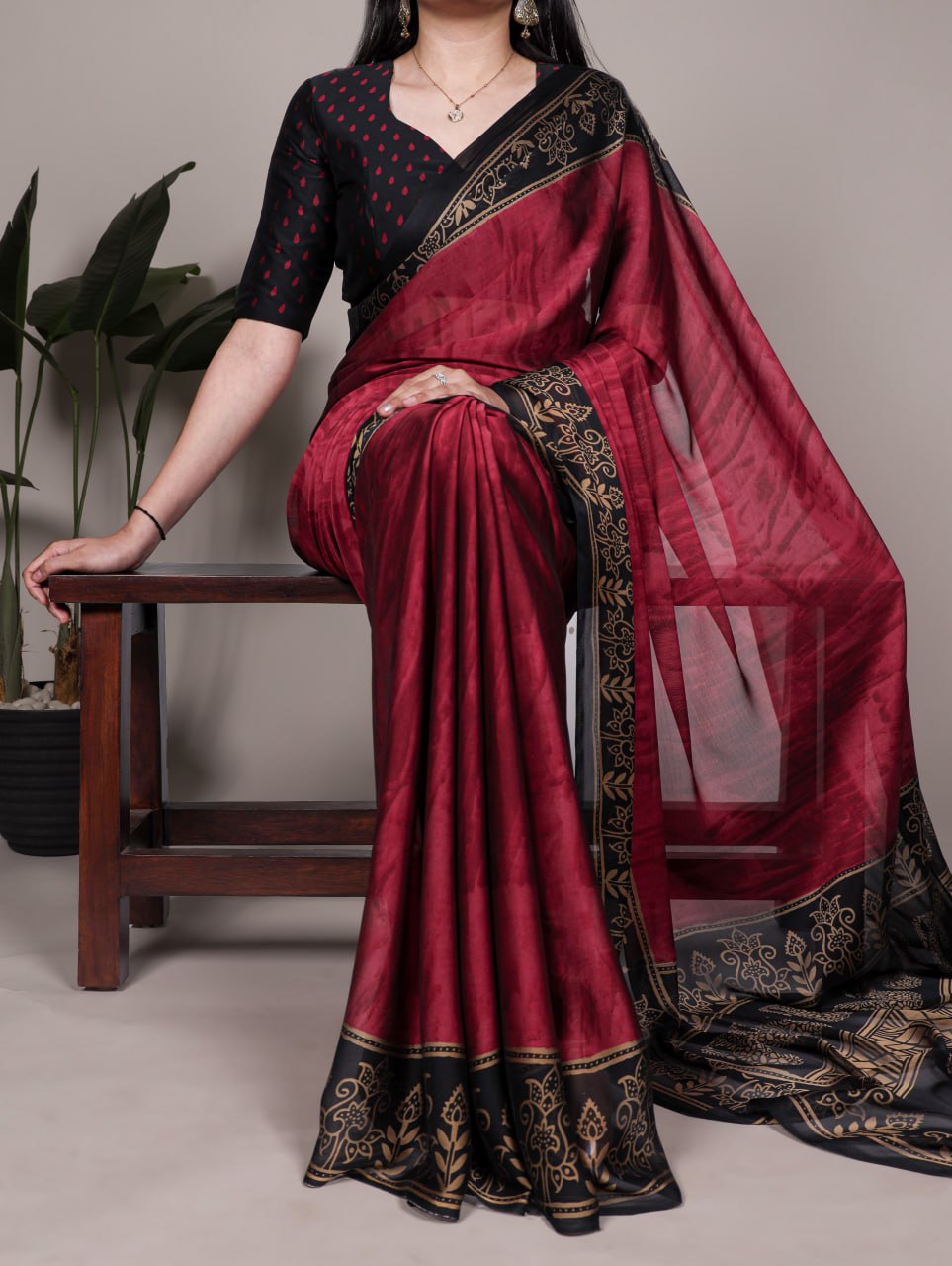 Maroon Rangoli Silk Printed Saree with Black and Gold Printed Border