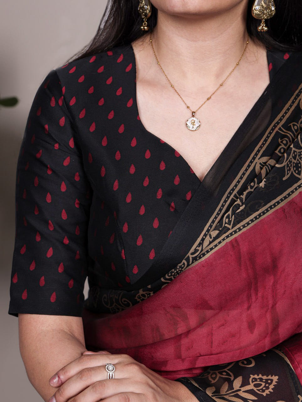 Maroon Rangoli Silk Printed Saree with Black and Gold Printed Border