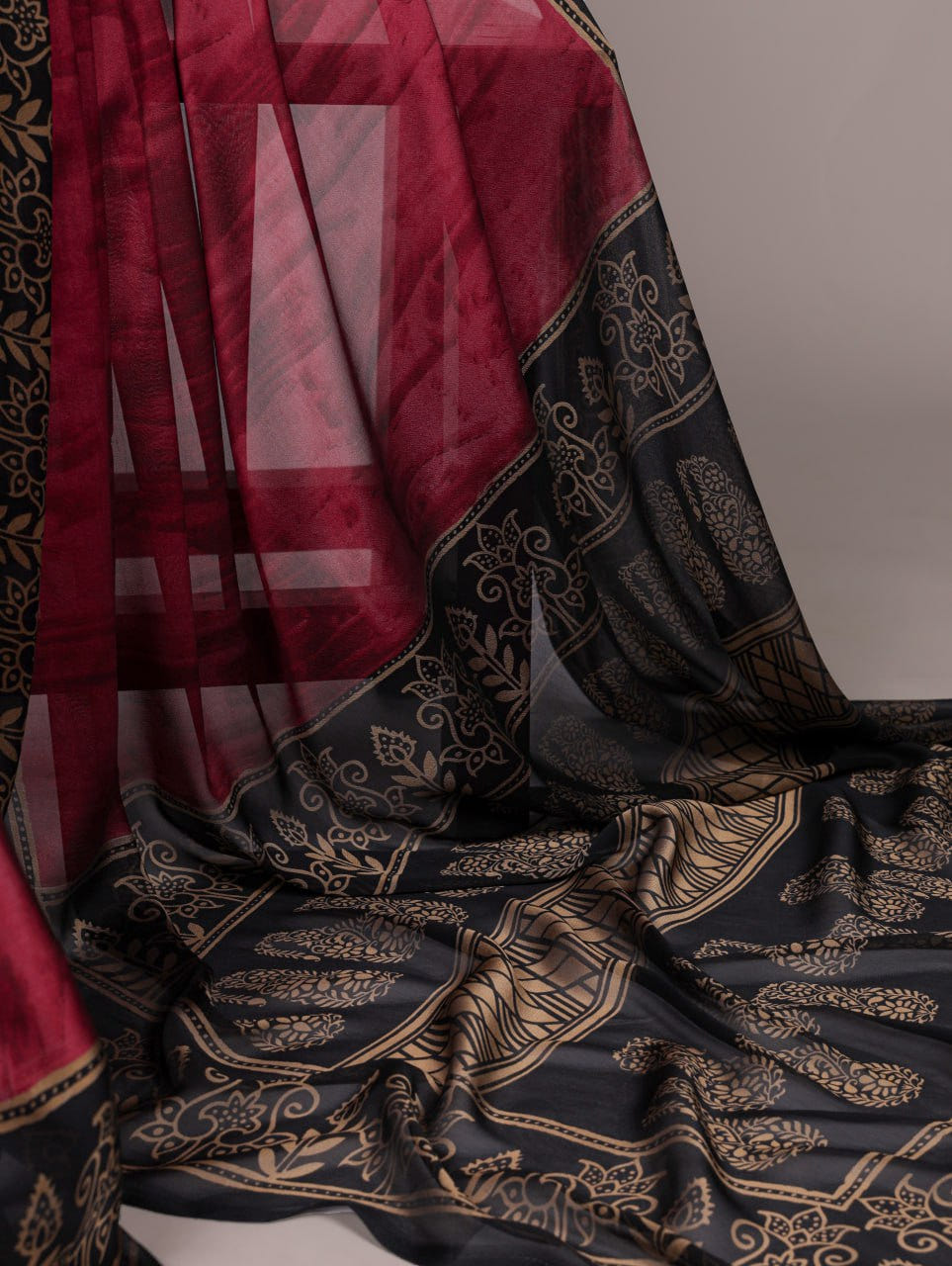 Maroon Rangoli Silk Printed Saree with Black and Gold Printed Border